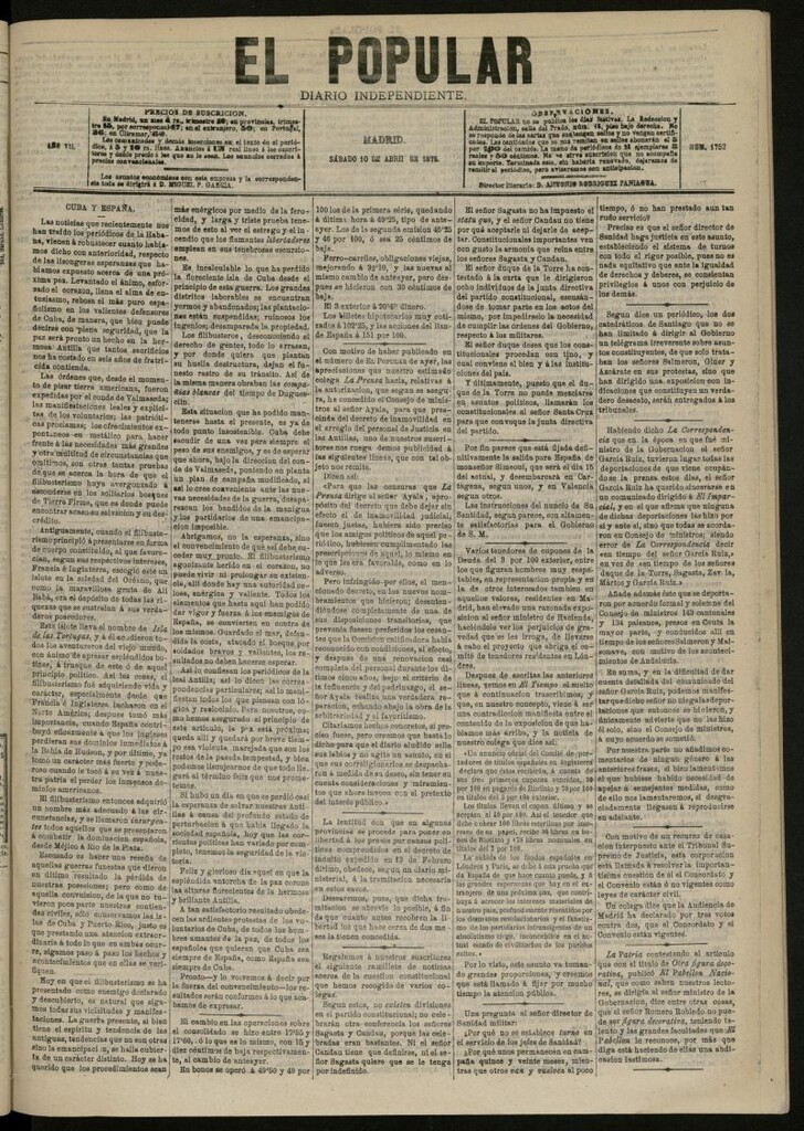 Miniatura de El Popular: diario independiente, político, literario y de noticias de interés general del 10 de abril de 1875, nº 1752