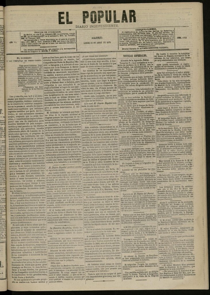 Miniatura de El Popular: diario independiente, político, literario y de noticias de interés general del 12 de abril de 1875, nº 1753