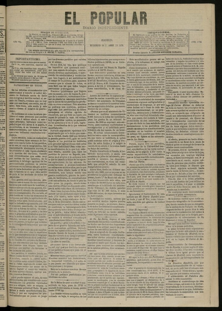 Miniatura de El Popular: diario independiente, político, literario y de noticias de interés general del 14 de abril de 1875, nº 1755