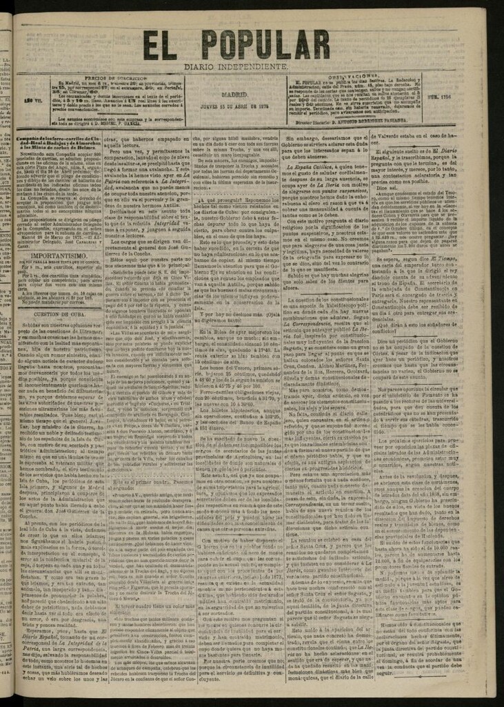 Miniatura de El Popular: diario independiente, político, literario y de noticias de interés general del 15 de abril de 1875, nº 1756