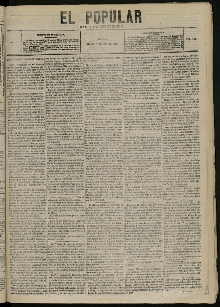 Miniatura de El Popular: diario independiente, político, literario y de noticias de interés general del 17 de abril de 1875, nº 1758