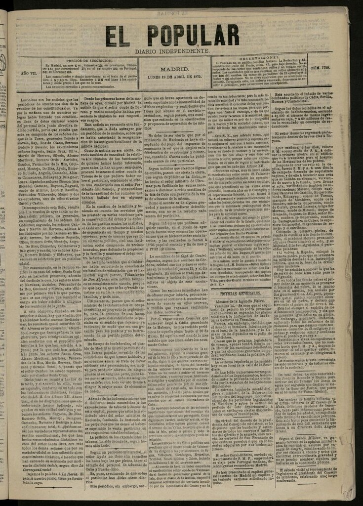 Miniatura de El Popular: diario independiente, político, literario y de noticias de interés general del 19 de abril de 1875, nº 1759