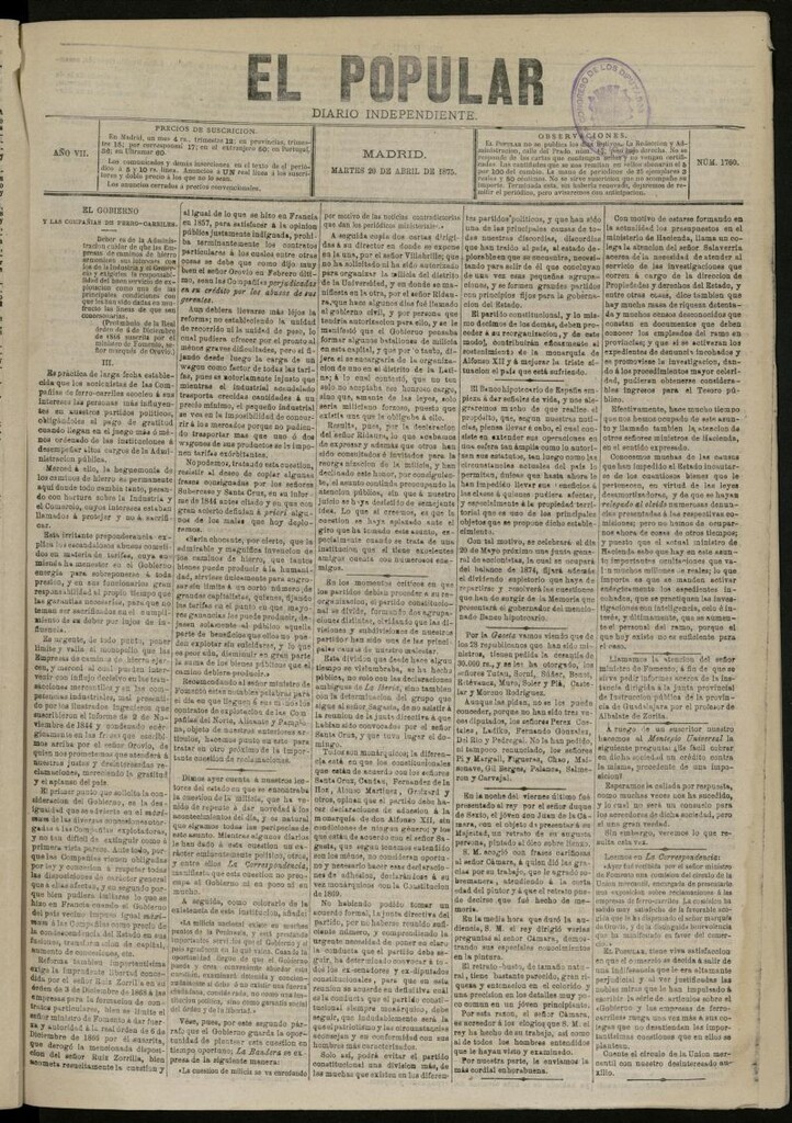 Miniatura de El Popular: diario independiente, político, literario y de noticias de interés general del 20 de abril de 1875, nº 1760