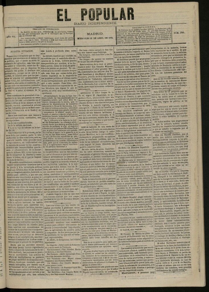 Miniatura de El Popular: diario independiente, político, literario y de noticias de interés general del 21 de abril de 1875, nº 1761