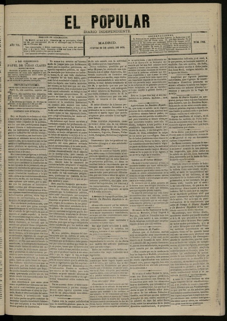 Miniatura de El Popular: diario independiente, político, literario y de noticias de interés general del 22 de abril de 1875, nº 1762