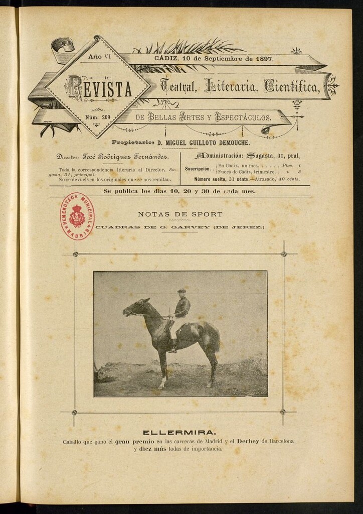 Miniatura de Revista Teatral, Literaria, Científica, de Bellas Artes y Espectáculos. Nº 209