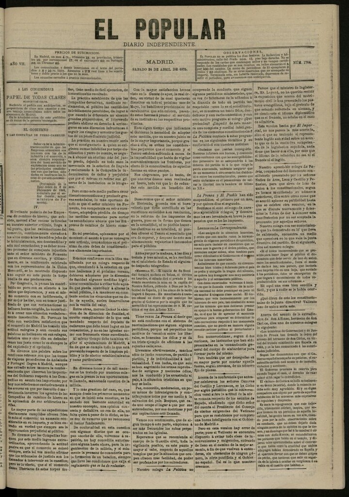 Miniatura de El Popular: diario independiente, político, literario y de noticias de interés general del 24 de abril de 1875, nº 1764