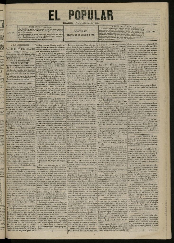 Miniatura de El Popular: diario independiente, político, literario y de noticias de interés general del 27 de abril de 1875, nº 1766