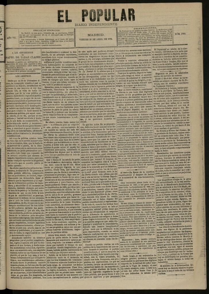 Miniatura de El Popular: diario independiente, político, literario y de noticias de interés general del 30 de abril de 1875, nº 1769