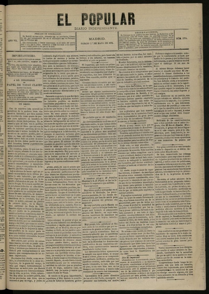Miniatura de El Popular: diario independiente, político, literario y de noticias de interés general del 1 de mayo de 1875, nº 1770