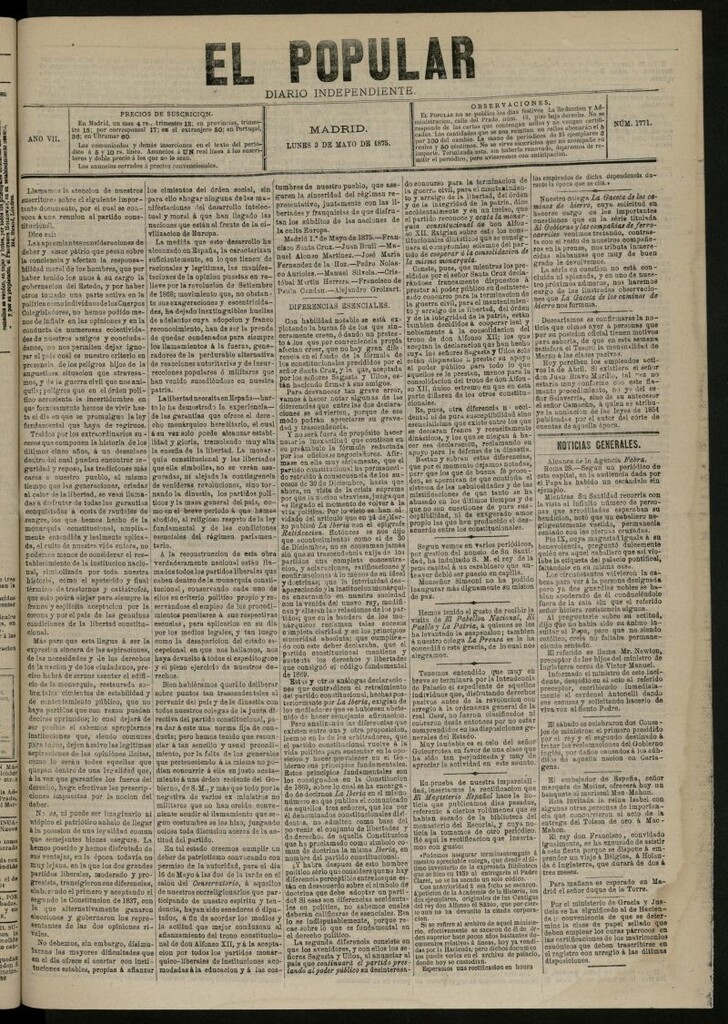 Miniatura de El Popular: diario independiente, político, literario y de noticias de interés general del 3 de mayo de 1875, nº 1771