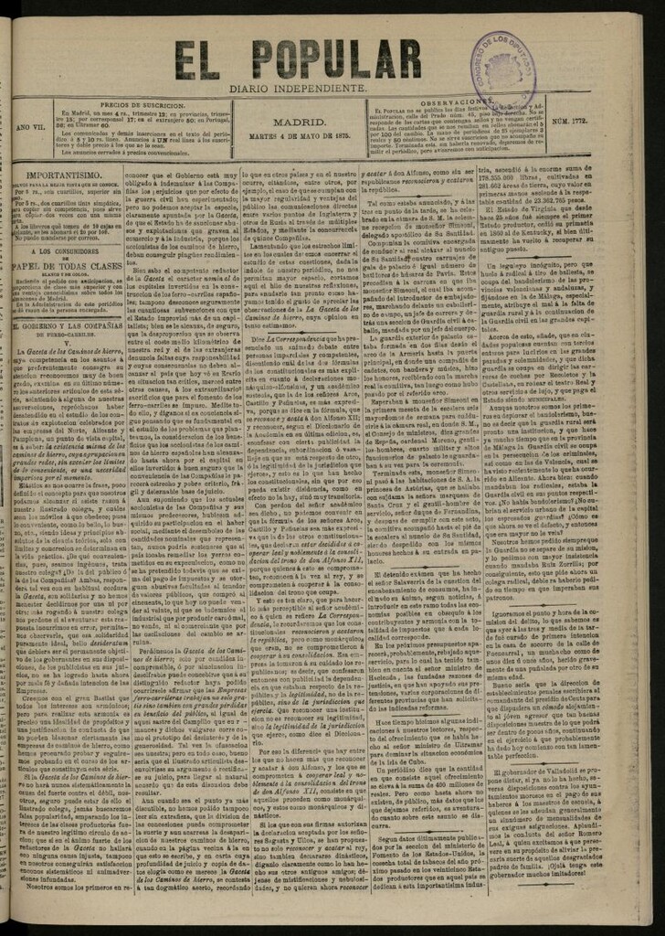 Miniatura de El Popular: diario independiente, político, literario y de noticias de interés general del 4 de mayo de 1875, nº 1772