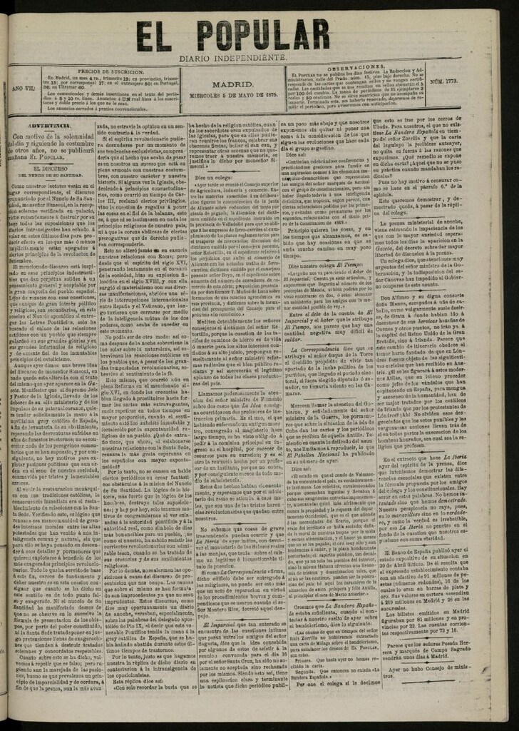 Miniatura de El Popular: diario independiente, político, literario y de noticias de interés general del 5 de mayo de 1875, nº 1773