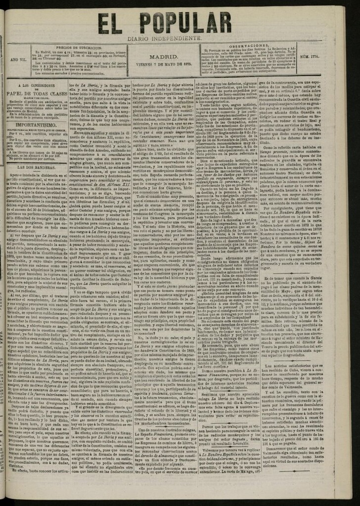 Miniatura de El Popular: diario independiente, político, literario y de noticias de interés general del 7 de mayo de 1875, nº 1774
