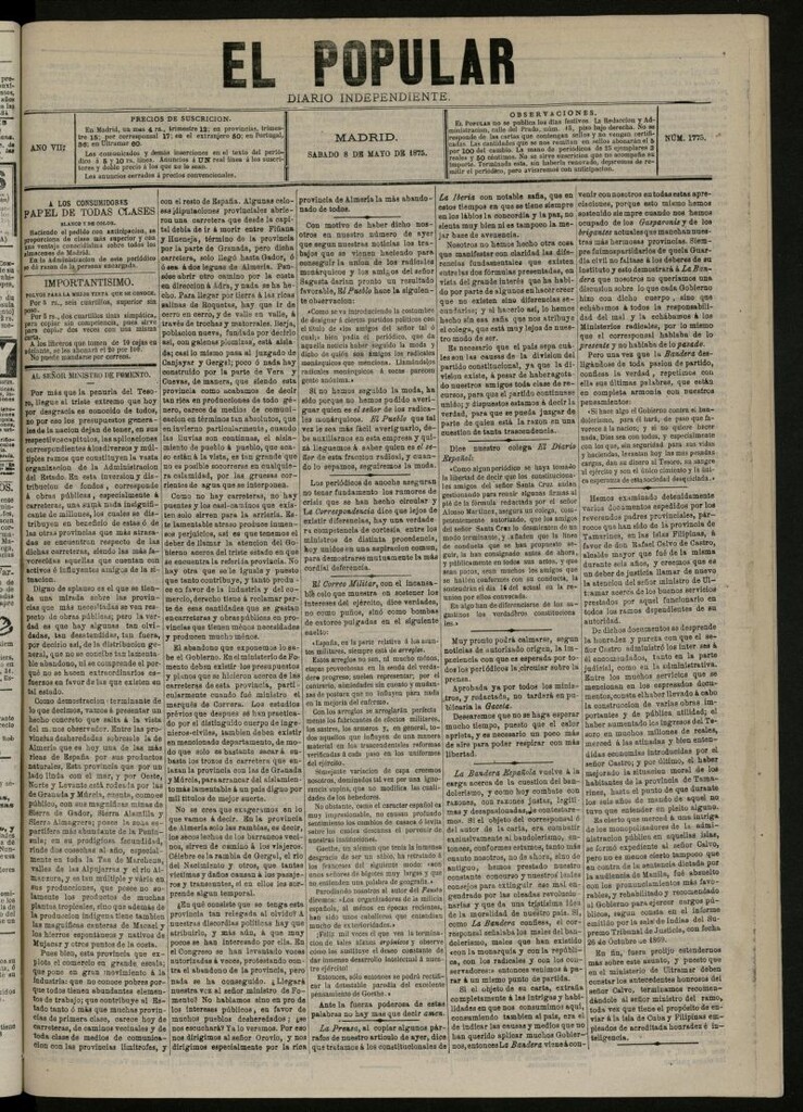 Miniatura de El Popular: diario independiente, político, literario y de noticias de interés general del 8 de mayo de 1875, nº 1775