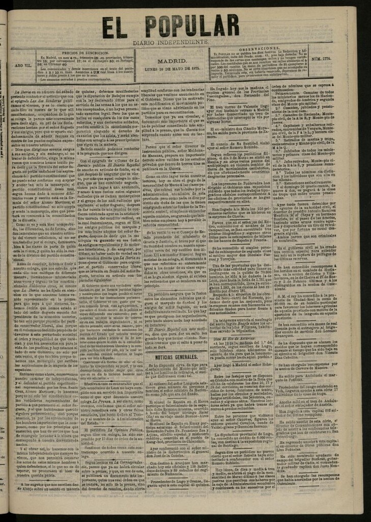 Miniatura de El Popular: diario independiente, político, literario y de noticias de interés general del 10 de mayo de 1875, nº 1776
