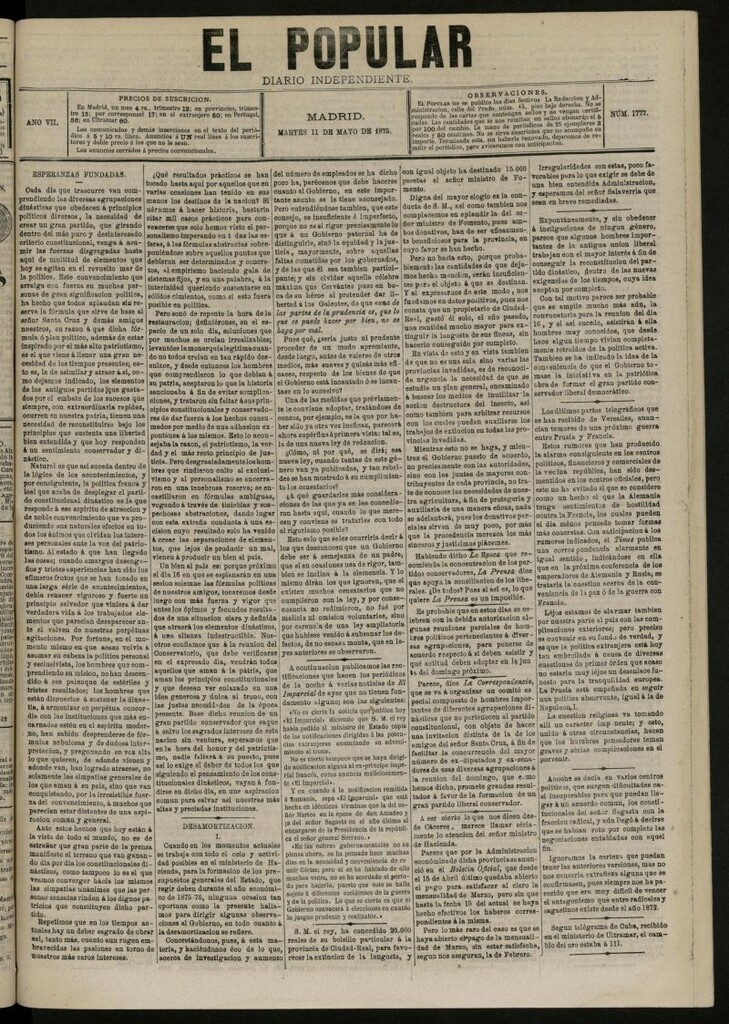 Miniatura de El Popular: diario independiente, político, literario y de noticias de interés general del 11 de mayo de 1875, nº 1777
