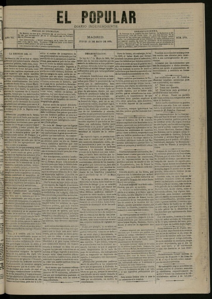 Miniatura de El Popular: diario independiente, político, literario y de noticias de interés general del 13 de mayo de 1875, nº 1779
