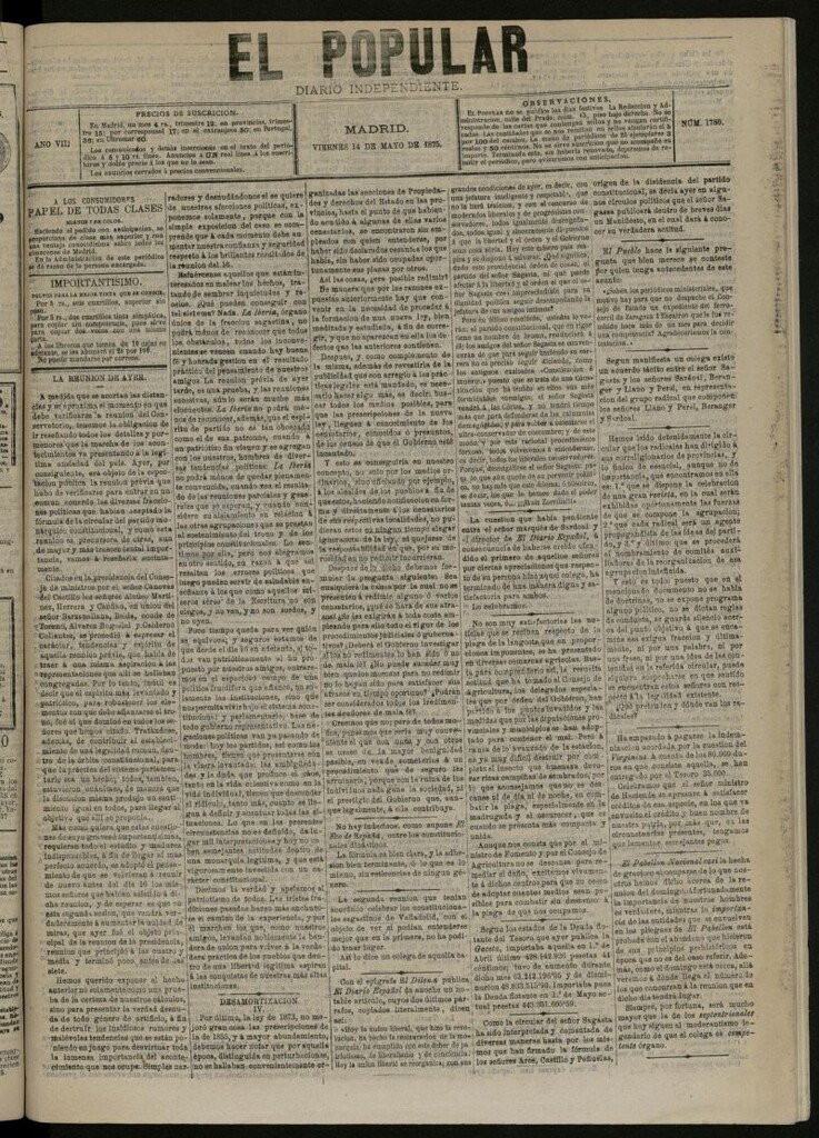 Miniatura de El Popular: diario independiente, político, literario y de noticias de interés general del 14 de mayo de 1875, nº 1780