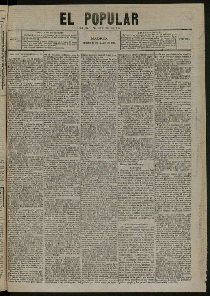 Miniatura de El Popular: diario independiente, político, literario y de noticias de interés general del 15 de mayo de 1875, nº 1781