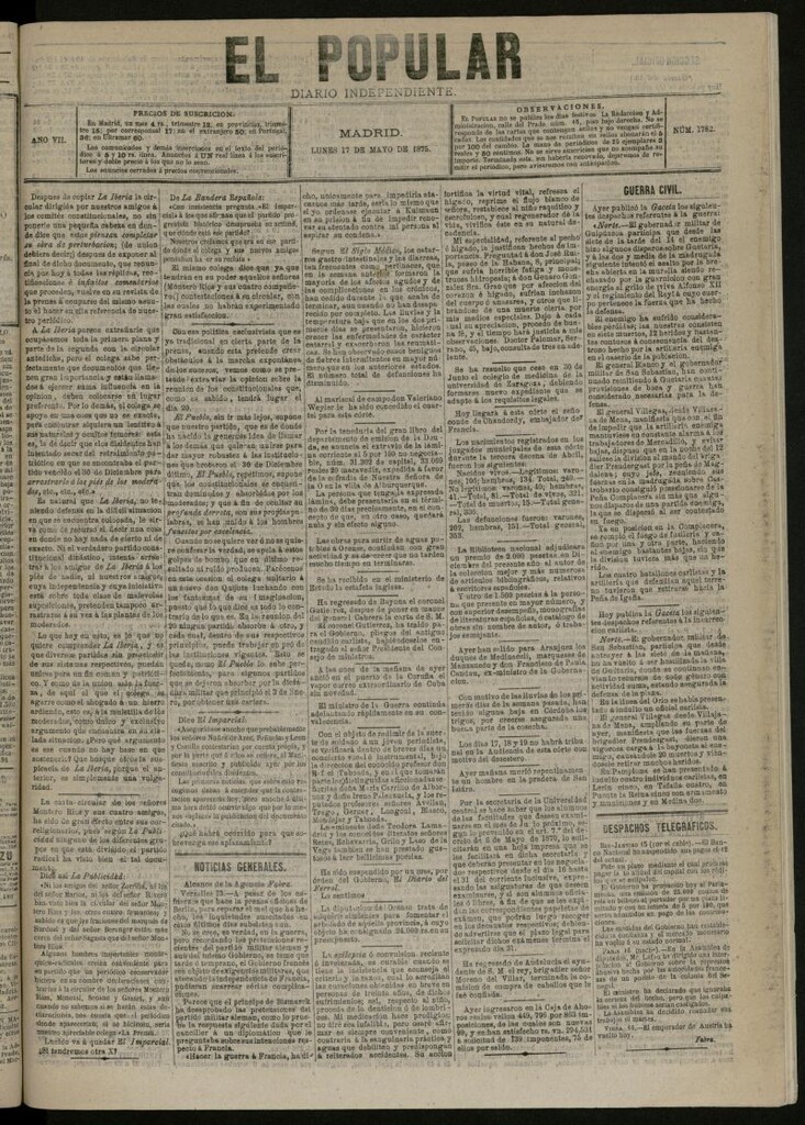 Miniatura de El Popular: diario independiente, político, literario y de noticias de interés general del 17 de mayo de 1875, nº 1782