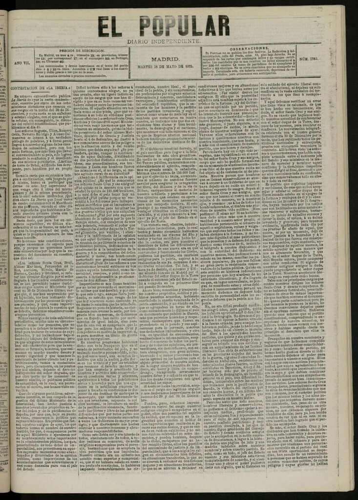 Miniatura de El Popular: diario independiente, político, literario y de noticias de interés general del 18 de mayo de 1875, nº 1783