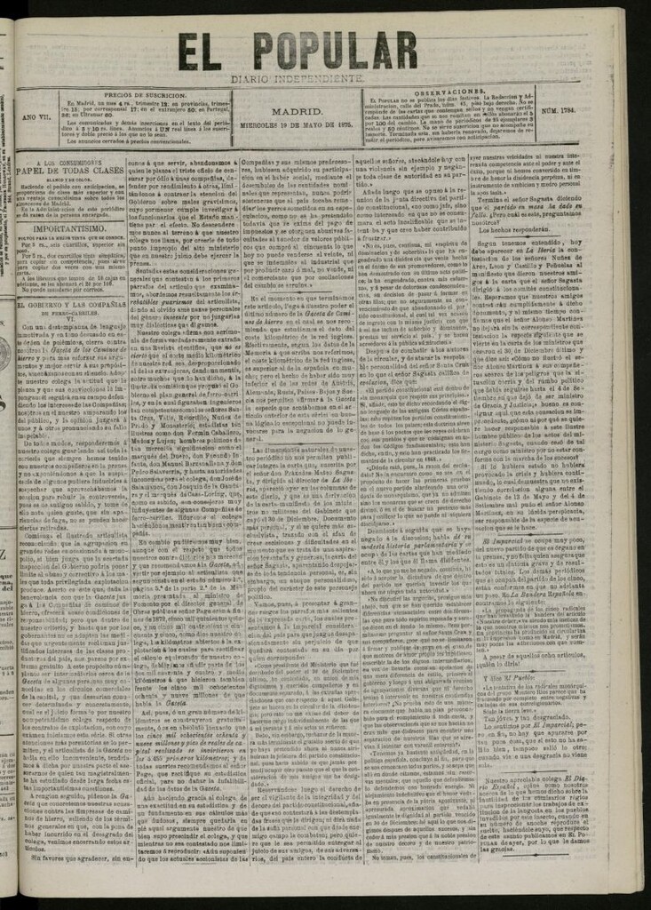 Miniatura de El Popular: diario independiente, político, literario y de noticias de interés general del 19 de mayo de 1875, nº 1784
