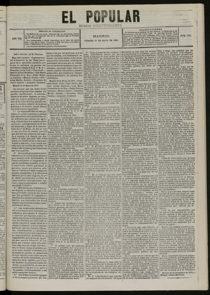Miniatura de El Popular: diario independiente, político, literario y de noticias de interés general del 21 de mayo de 1875, nº 1786