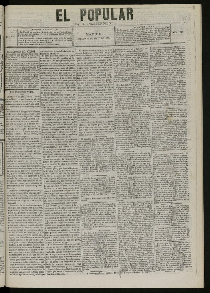 Miniatura de El Popular: diario independiente, político, literario y de noticias de interés general del 22 de mayo de 1875, nº 1787