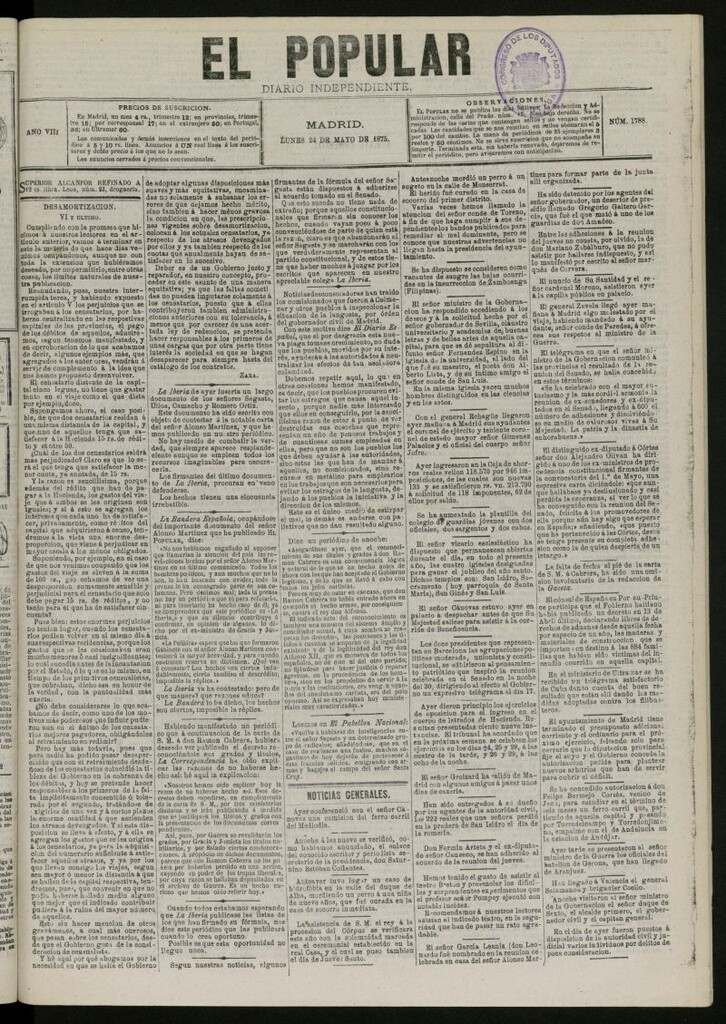 Miniatura de El Popular: diario independiente, político, literario y de noticias de interés general del 24 de mayo de 1875, nº 1788