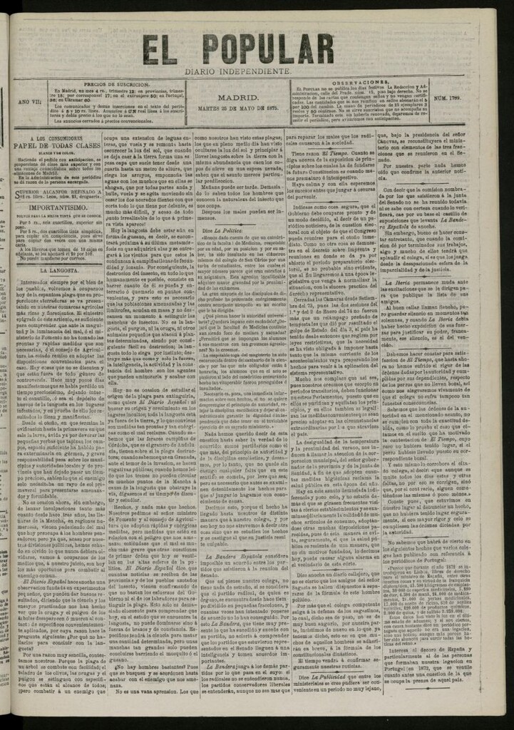 Miniatura de El Popular: diario independiente, político, literario y de noticias de interés general del 25 de mayo de 1875, nº 1789