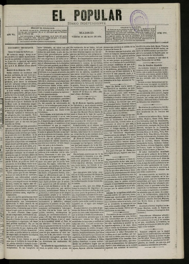 Miniatura de El Popular: diario independiente, político, literario y de noticias de interés general del 28 de mayo de 1875, nº 1791