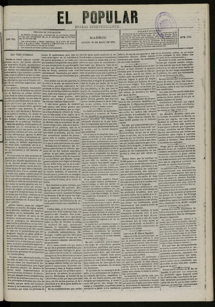 Miniatura de El Popular: diario independiente, político, literario y de noticias de interés general del 29 de mayo de 1875, nº 1792