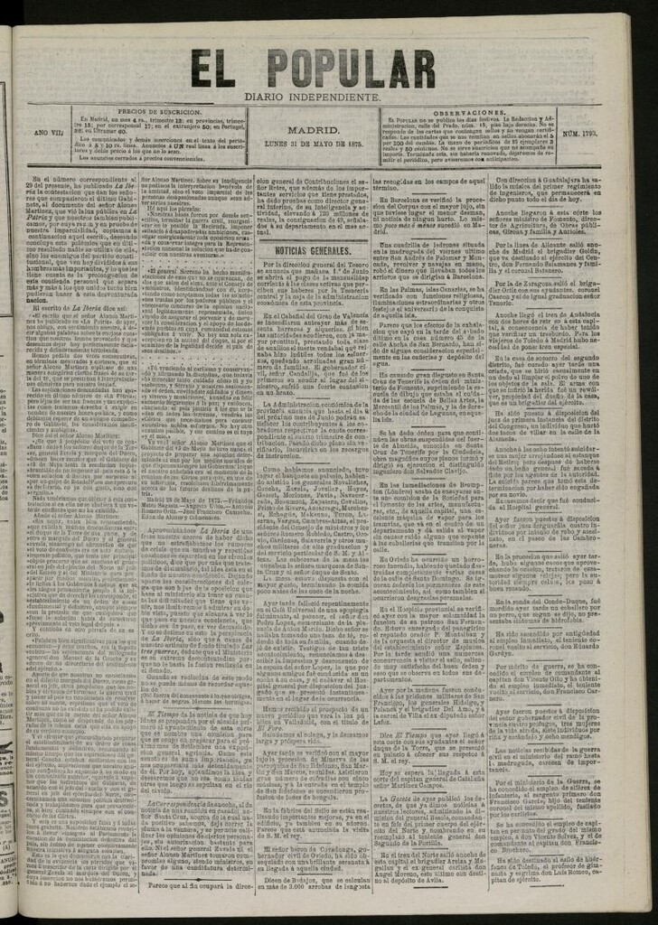 Miniatura de El Popular: diario independiente, político, literario y de noticias de interés general del 31 de mayo de 1875, nº 1793