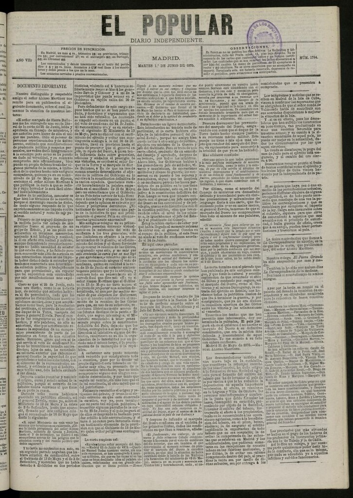 Miniatura de El Popular: diario independiente, político, literario y de noticias de interés general del 1 de junio de 1875, nº 1794