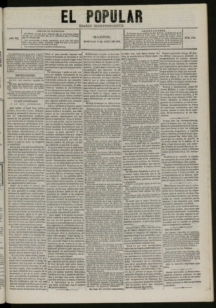 Miniatura de El Popular: diario independiente, político, literario y de noticias de interés general del 2 de junio de 1875, nº 1795