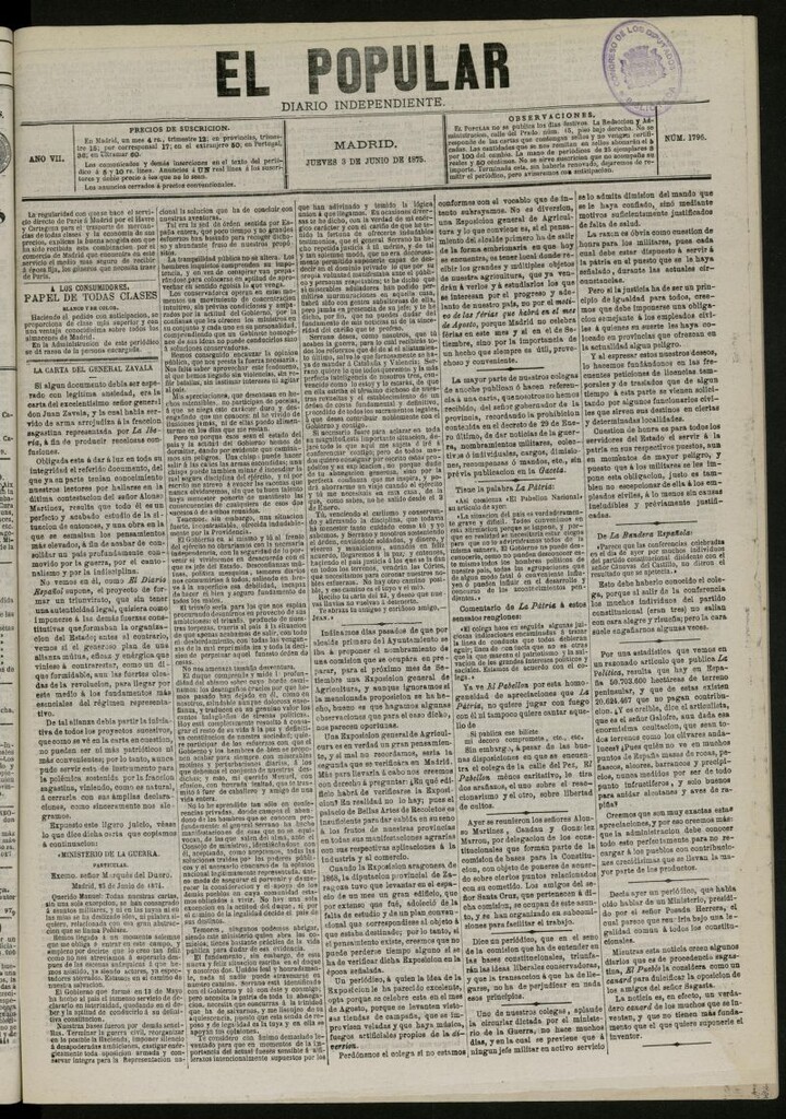 Miniatura de El Popular: diario independiente, político, literario y de noticias de interés general del 3 de junio de 1875, nº 1796