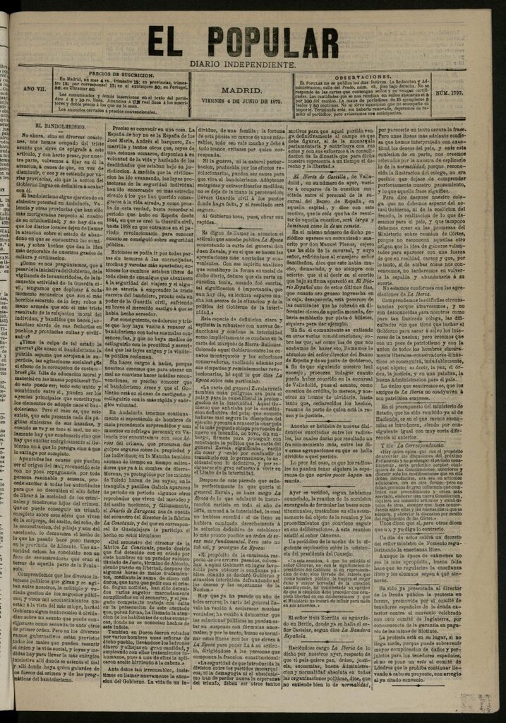 Miniatura de El Popular: diario independiente, político, literario y de noticias de interés general del 4 de junio de 1875, nº 1797