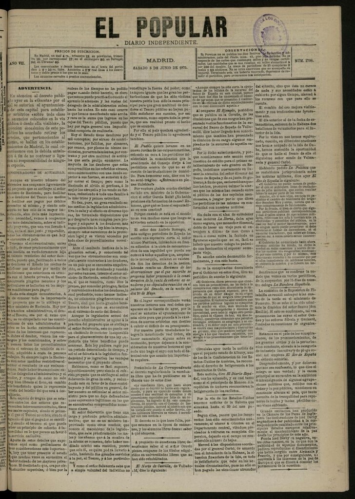 Miniatura de El Popular: diario independiente, político, literario y de noticias de interés general del 5 de junio de 1875, nº 1798