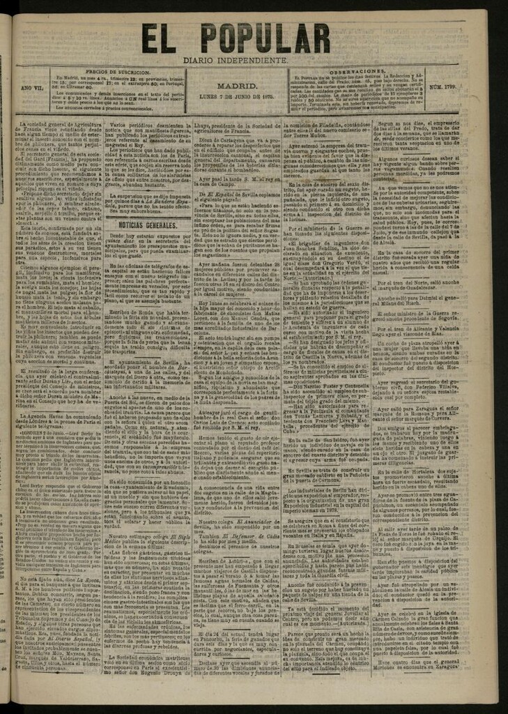 Miniatura de El Popular: diario independiente, político, literario y de noticias de interés general del 7 de junio de 1875, nº 1799