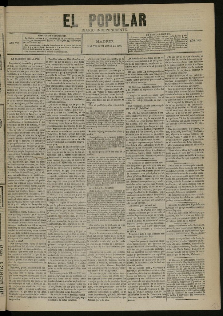Miniatura de El Popular: diario independiente, político, literario y de noticias de interés general del 8 de junio de 1875, nº 1800