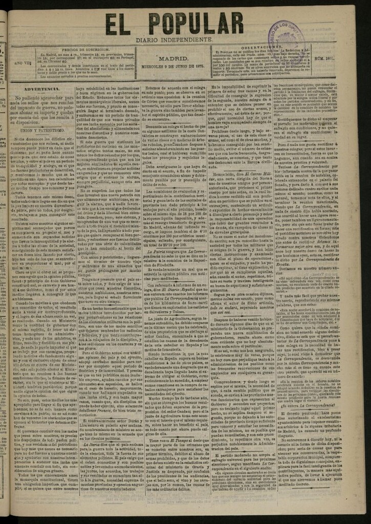 Miniatura de El Popular: diario independiente, político, literario y de noticias de interés general del 9 de junio de 1875, nº 1801