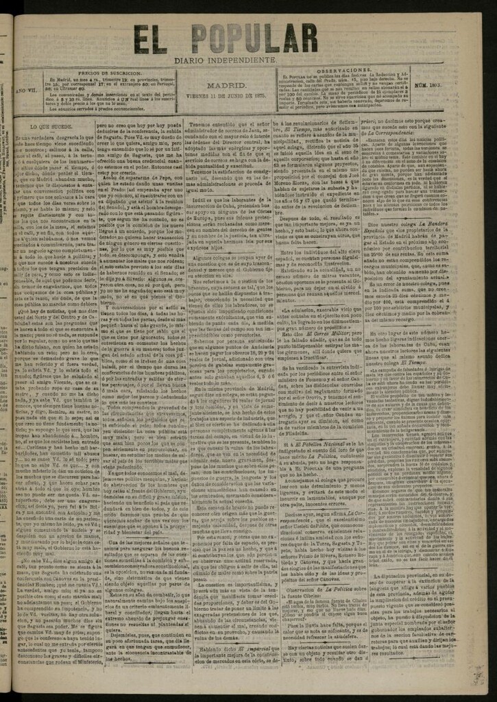 Miniatura de El Popular: diario independiente, político, literario y de noticias de interés general del 11 de junio de 1875, nº 1803