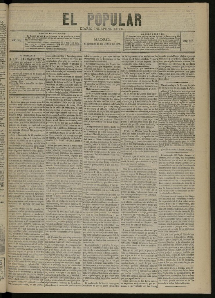 Miniatura de El Popular: diario independiente, político, literario y de noticias de interés general del 16 de junio de 1875, nº 1807