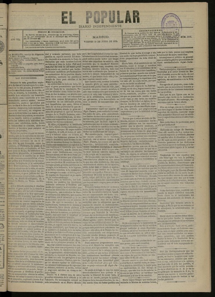 Miniatura de El Popular: diario independiente, político, literario y de noticias de interés general del 19 de junio de 1875, nº 1809