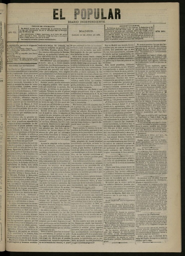 Miniatura de El Popular: diario independiente, político, literario y de noticias de interés general del 19 de junio de 1875, nº 1810 [sic ]