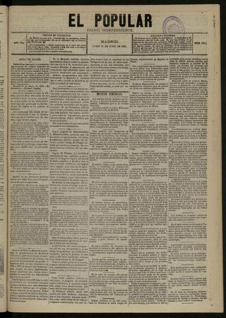 Miniatura de El Popular: diario independiente, político, literario y de noticias de interés general del 21 de junio de 1875, nº 1811