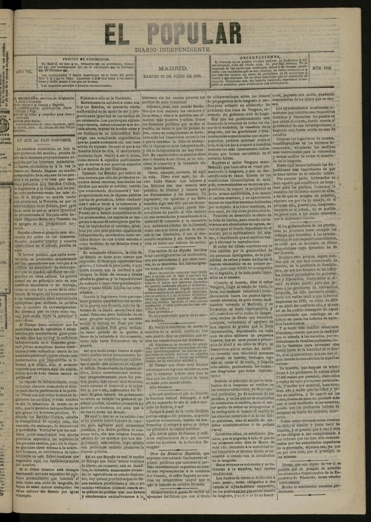 Miniatura de El Popular: diario independiente, político, literario y de noticias de interés general del 22 de junio de 1875, nº 1812