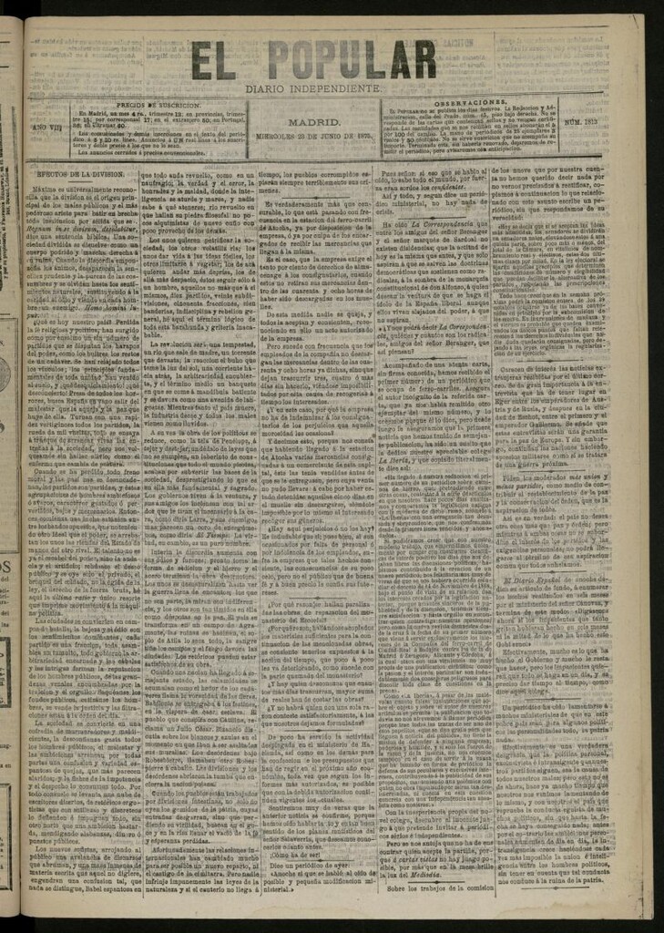 Miniatura de El Popular: diario independiente, político, literario y de noticias de interés general del 23 de junio de 1875, nº 1813