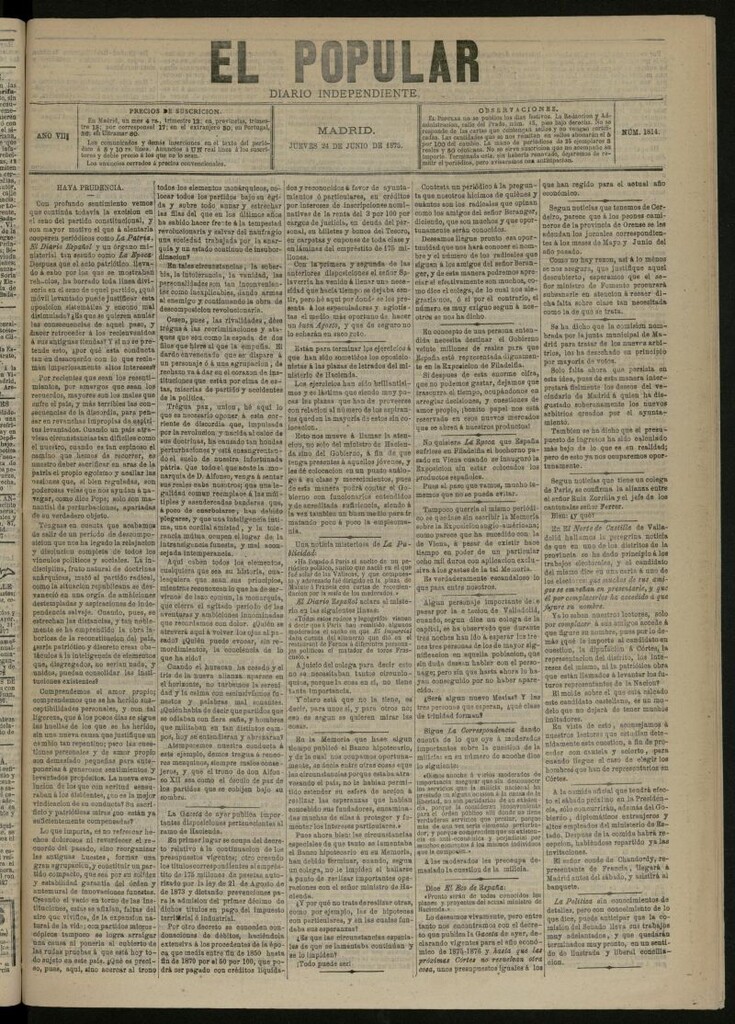Miniatura de El Popular: diario independiente, político, literario y de noticias de interés general del 24 de junio de 1875, nº 1814